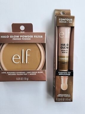 Elf Halo Glow Pressed Powder Filter Med. Warm Contour Beauty Wand Med. tan set